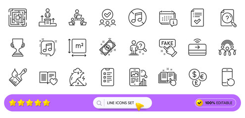 Approved checklist, No music and Award cup line icons for web app. Pack of Inclusion, Fake information, Technical documentation pictogram icons. Calendar, Search employee, Money currency signs. Vector