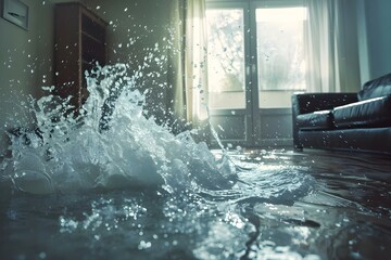 Water splashes in a flooded living room symbolizing property damage from indoor flooding. Concept Indoor Flooding, Property Damage, Water Splashes, Home Disaster, Insurance Claims