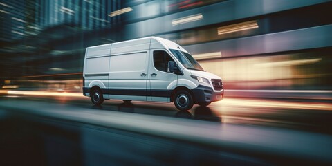 White commercial delivery van on the street with motion blur background