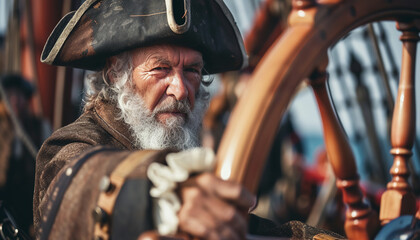 The pirate captain grips the ship's wheel tightly - steering the vessel through treacherous waters...