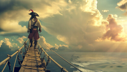 A fearful pirate walks the plank under duress - extending over tumultuous ocean waters while his...