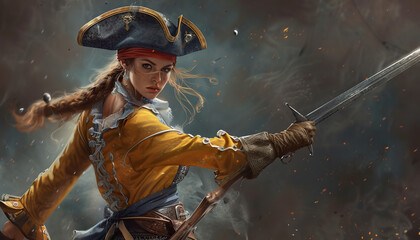 Female pirate brandishing a sword - obrazy, fototapety, plakaty