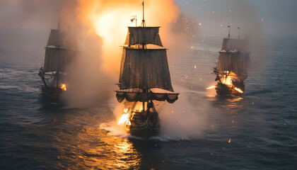 Naklejka premium A pirate ship fires its cannons in a high-stakes battle at sea - clouds of smoke billowing as cannonballs splash into the water wide