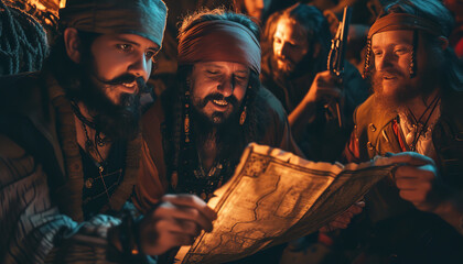 A group of pirates gather around a worn-out treasure map - pointing and debating the best route to the hidden treasure wide
