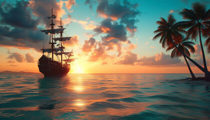 A scenic view of a deserted pirate island bathed in the warm hues of sunset - palm trees...
