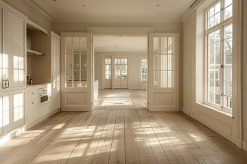 room with a lot of windows and a wooden floor