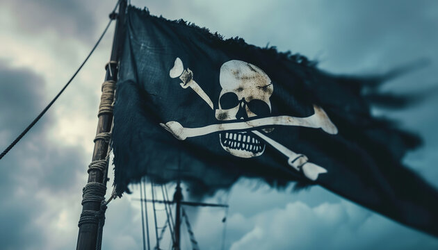 The Jolly Roger flag - bearing the infamous skull and crossbones - waves in the wind as the pirate ship sails into the horizon wide