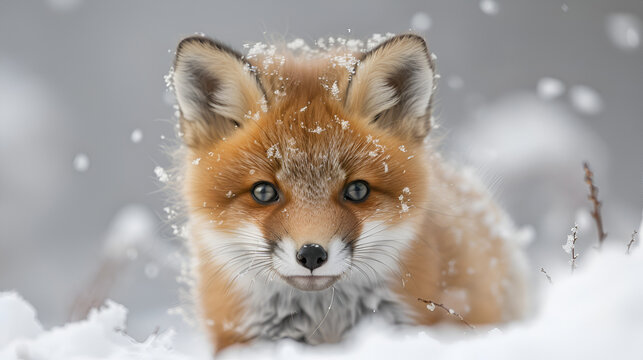 Cute fox baby in snow winter, Red Fox in wintertime, Red fox in a winter landscape, Generative Ai
