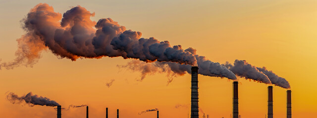 Industrial Pollution and Environmental Impact, Smoke from Factory Chimneys at Sunrise, Global Warming - obrazy, fototapety, plakaty
