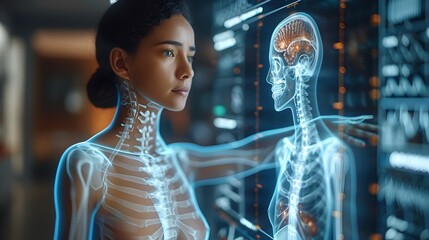 A woman is looking at a computer screen with a skeleton on it