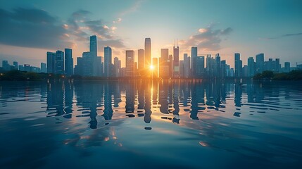 A city skyline is reflected in the water - obrazy, fototapety, plakaty