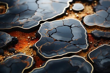 A close-up view of cracked surfaces, possibly dried mud or clay, with intricate golden lines highlighting the cracks - 767967501