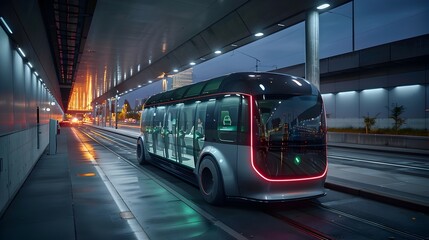 Fototapeta premium A futuristic bus is driving down a street at night