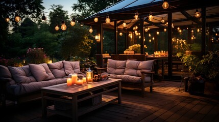 A comfortable outdoor patio area adorned with outdoor string lights, providing a warm and inviting ambiance on a summer evening in the garden of a suburban house - 767967533