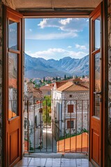 A quaint European village and a picturesque mountain landscape through an open window - 767967536