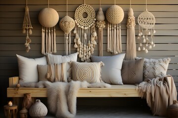 A cozy indoor setting, showcasing a wooden bench adorned with various textured cushions and throws, complemented by an array of intricate macramé wall hangings - 767967542