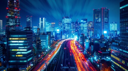 A vibrant and dynamic night scene of a cityscape with illuminated skyscrapers, radiant lights creating a starburst effect, and the long exposure of traffic lights on the roads - 767967556