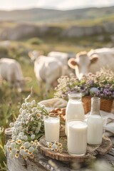 Glasses and bottles filled with fresh milk products, with a grassy landscape on a background, featuring a group of dairy cows - 767967557