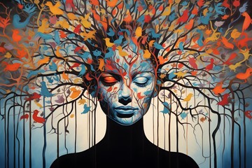 An illustration of a woman's portrait, set against a backdrop of a tree with multicolored leaves and birds. Concept: themes of freedom, creativity, or mental liberation - 767967589