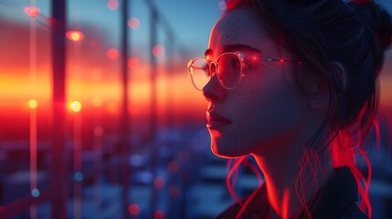 A woman wearing glasses is looking out over a city skyline - Powered by Adobe