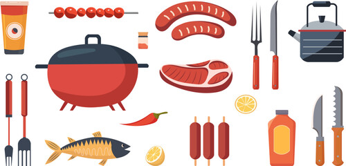 barbecue set, grill, in flat style, on a white background vector
