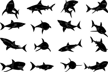 shark set silhouette, on white background vector
