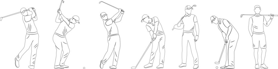set of golfers sketch, on white background vector