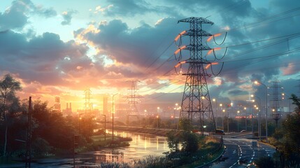 A city skyline is lit up at sunset with a power line tower in the background - Powered by Adobe