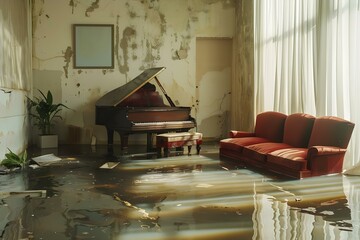 Waterlogged living room with flooded furniture displaying water damage in a high-quality image. Concept Flooded Living Room, Water Damage, Interior Disaster, Home Insurance Claim