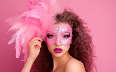 Obraz premium A woman wearing a pink mask with a pink feather on it on pink background