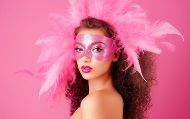 A woman wearing a pink mask with a pink feather on it on pink background