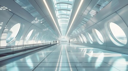 Obraz premium A futuristic public transport hub where travelers use passwordless access on their mobile devices for seamless, secure entry. Position the hub's architecture to leave negative space for text.