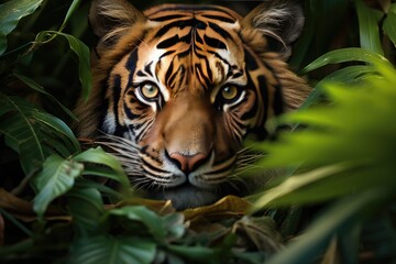 Sumatra tiger hunting in the exuberant tropical forest., generative IA - obrazy, fototapety, plakaty