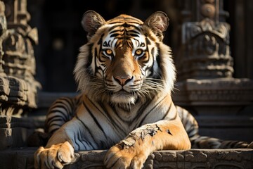 Tiger sculpture in ancient stone, symbol of feline grandeur., generative IA