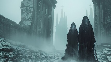 two people wearing black robes - obrazy, fototapety, plakaty