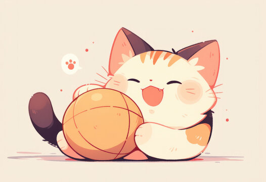 Cute cartoon kitten playing with ball on white background