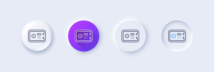 Safe box line icon. Neumorphic, Purple gradient, 3d pin buttons. Secure deposit sign. Hotel service symbol. Line icons. Neumorphic buttons with outline signs. Vector