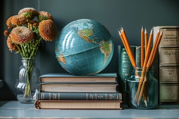 Glass globe on a stack of books and pencil pot with pencils