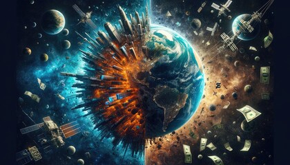 Global Economy Expansion Concept Art, earth, space, satellites, currency, dollars, expansion, global, skyscrapers, concept, art, digital, futuristic, universe, planets, money, cosmos, orbit, cityscape - obrazy, fototapety, plakaty