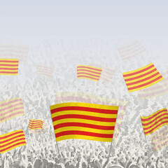 Crowd of people waving flag of Catalonia square graphic for social media and news.