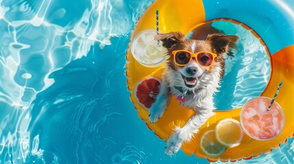 A dog in sunglasses lounges in a pool on an inflatable ring with cocktails, exuding contentment and humor