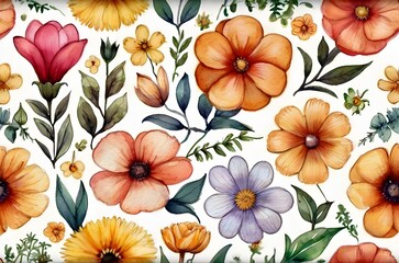 Watercolor vintage flowers, leaves and flower buds background, wrapping paper design, fabric design