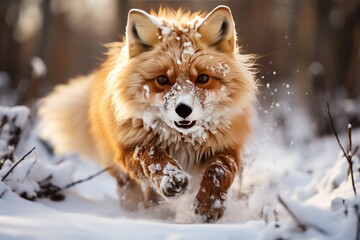 Fox hunting rodents in the snow with a fuzzy tail., generative IA - obrazy, fototapety, plakaty