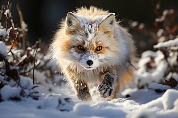 Fox hunting rodents in the snow with a fuzzy tail., generative IA