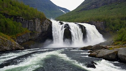Fototapeta na wymiar Embark on a holiday trip in a motorhome, experiencing the freedom of caravan car vacation. Travel along the road to witness the majestic Latefossen Waterfall in Odda, Norway, a powerful twin waterfal