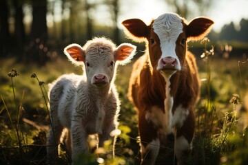 Calf and cow sharing affection in the pasture., generative IA - obrazy, fototapety, plakaty