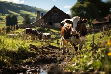 Idile rural scene folding folding cow., generative IA