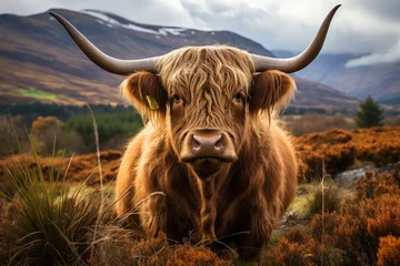 Poster de jardin Highlander écossais Highland cow grazing in the Scottish hills., generative IA