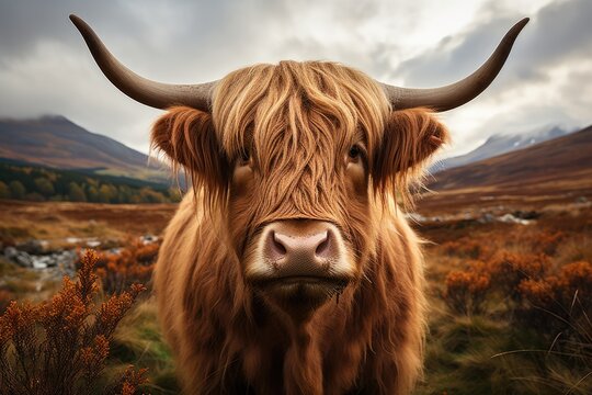 Highland cow grazing in the Scottish hills., generative IA