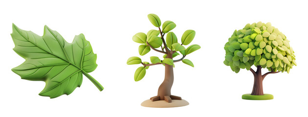 Celebrate Earth Day with a 3D Cartoon Nature Set: Growing Tree, Falling Leaf, and a Big Tree, Isolated on Transparent Background, PNG